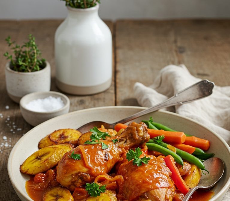 Cameroonian Poulet DG with Plantains and Vegetables