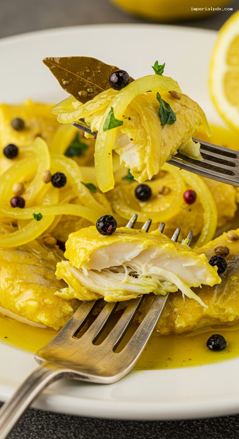 Cape Malay Pickled Fish with Turmeric Onions – Closeup