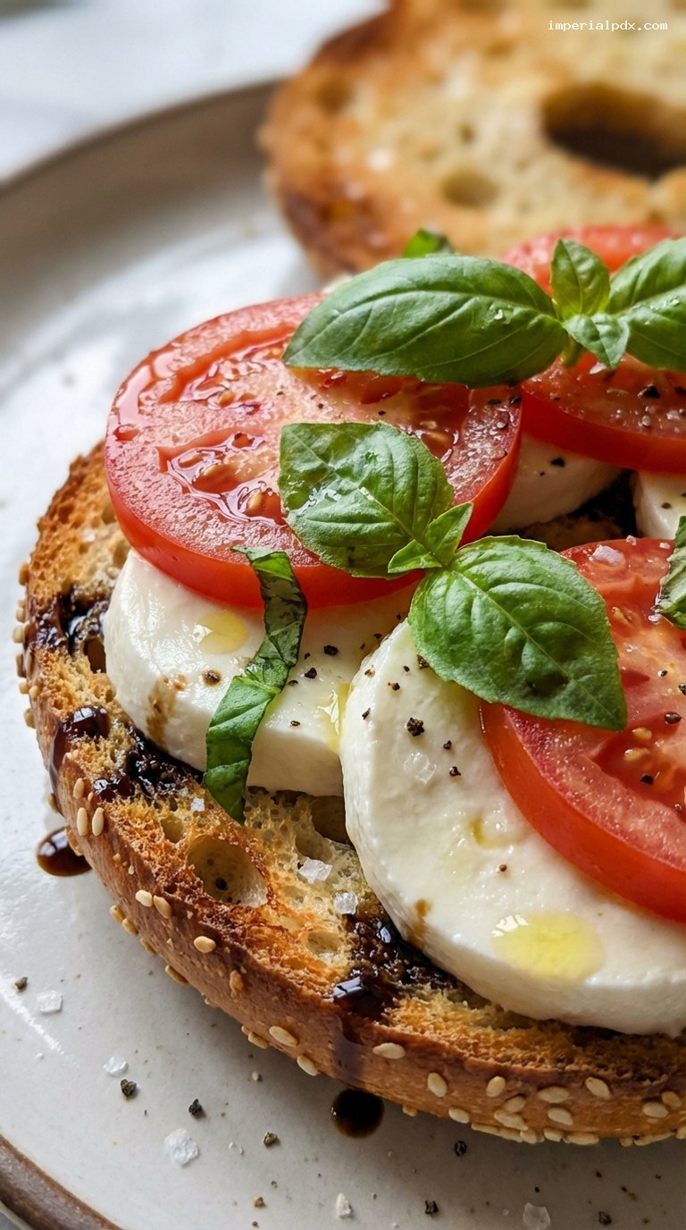 Caprese Bagel with Fresh Mozzarella and Balsamic Glaze – Closeup