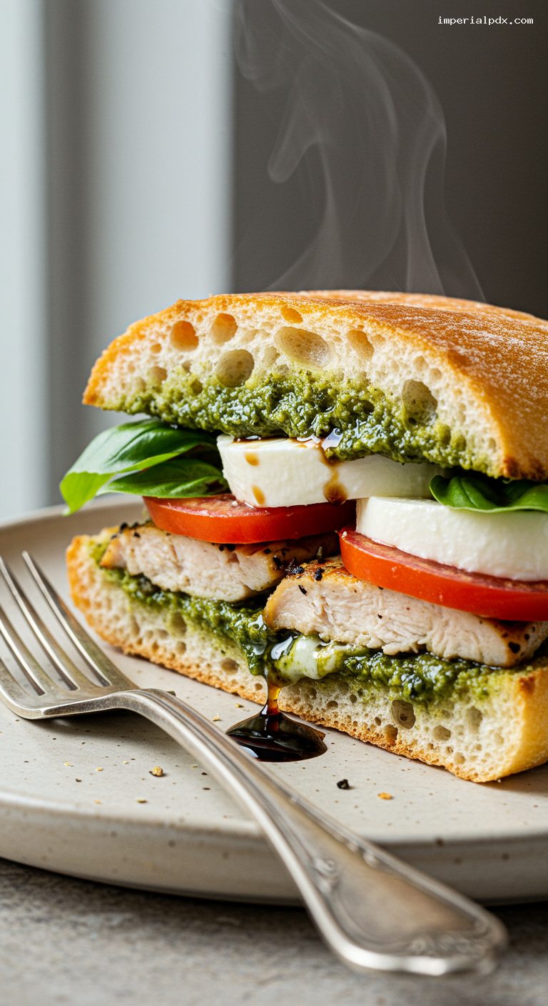 Caprese Chicken Panini with Balsamic Drizzle – Closeup