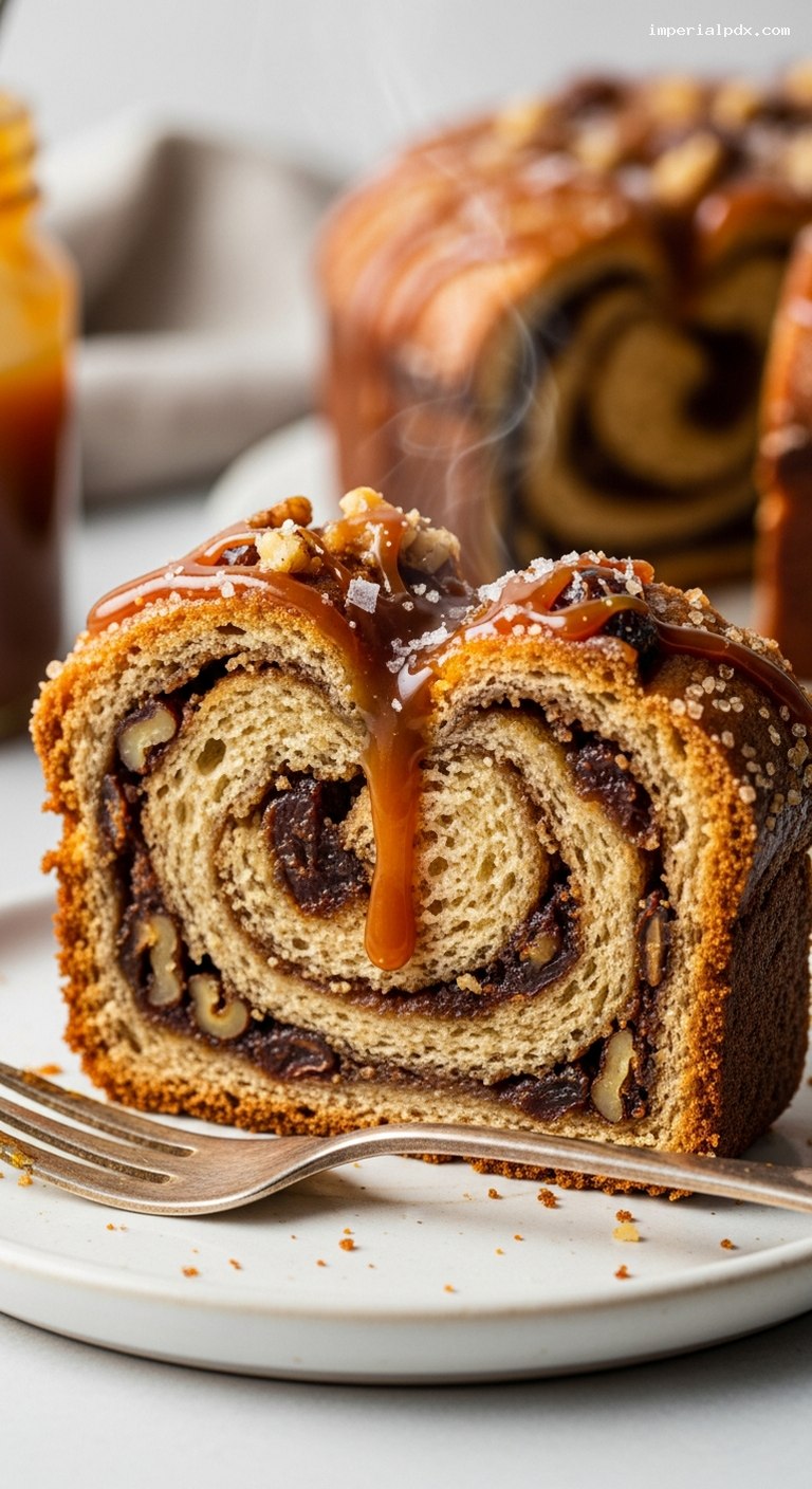 Caramel-Swirl Date Bread with Homemade Caramel – Closeup