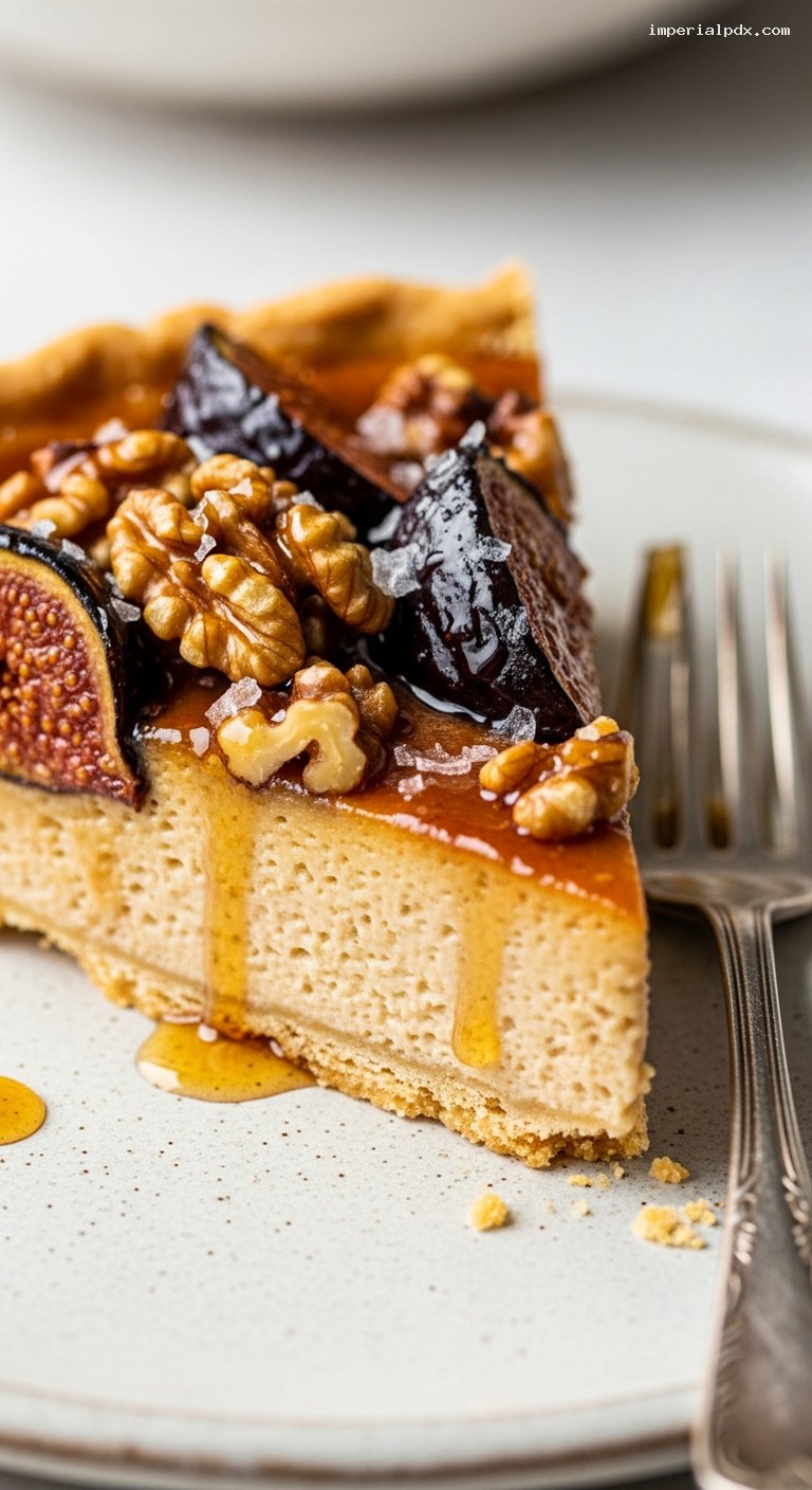 Caramelized Fig and Walnut Tart with Caramel Custard – Closeup