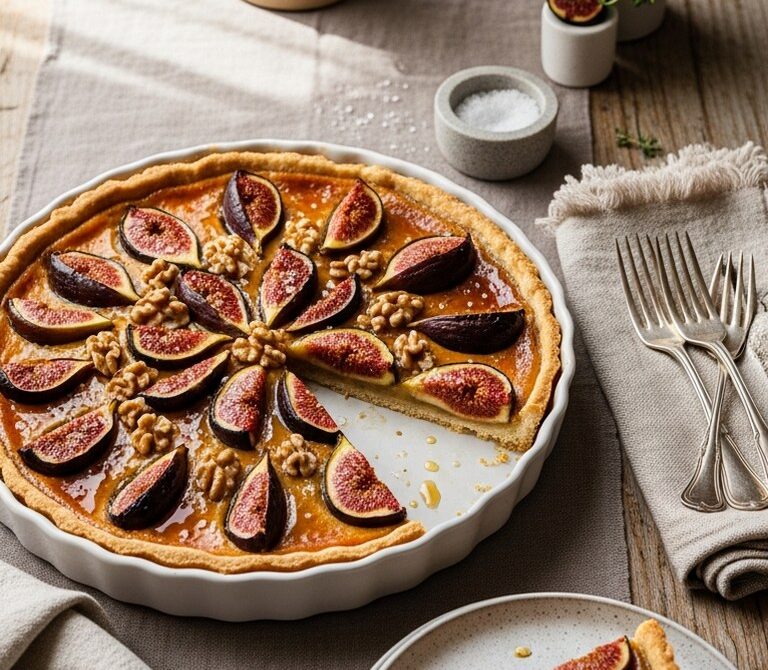 Caramelized Fig and Walnut Tart with Caramel Custard