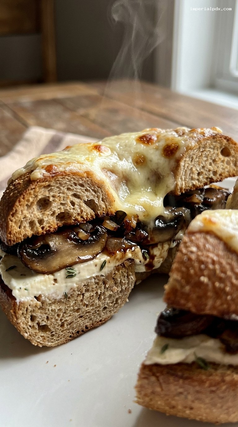 Caramelized Mushroom and Gruyere Bagel Melt – Closeup