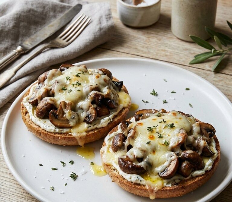 Caramelized Mushroom and Gruyere Bagel Melt