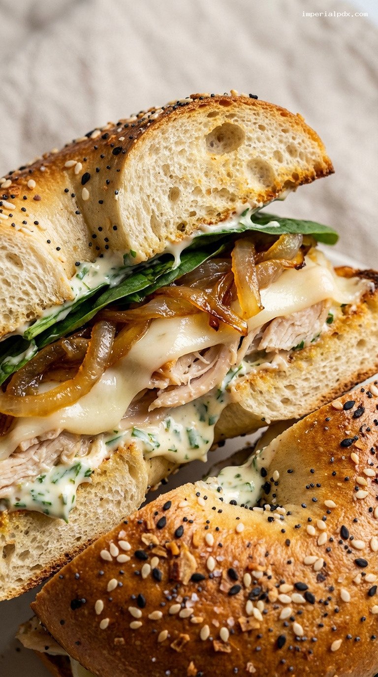 Caramelized Onion and Roast Chicken Everything Bagel Sandwich – Closeup