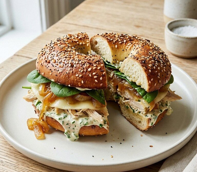 Caramelized Onion and Roast Chicken Everything Bagel Sandwich