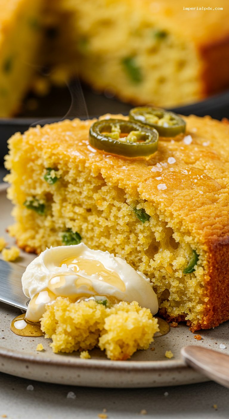 Cast-Iron Jalapeño Cheddar Cornbread with Honey Butter – Closeup