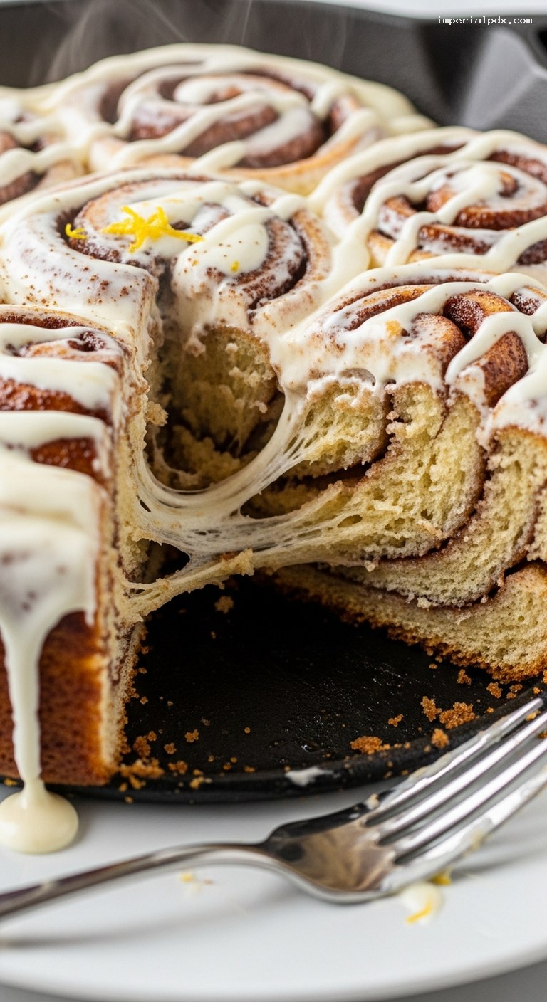 Cast Iron Skillet Cinnamon Roll Cake with Cream Cheese Frosting – Closeup