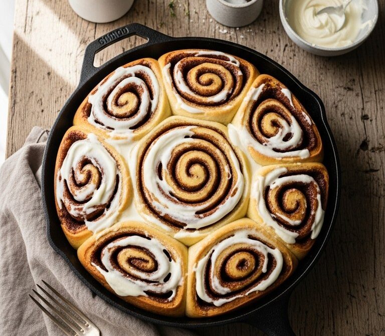 Cast Iron Skillet Cinnamon Roll Cake with Cream Cheese Frosting