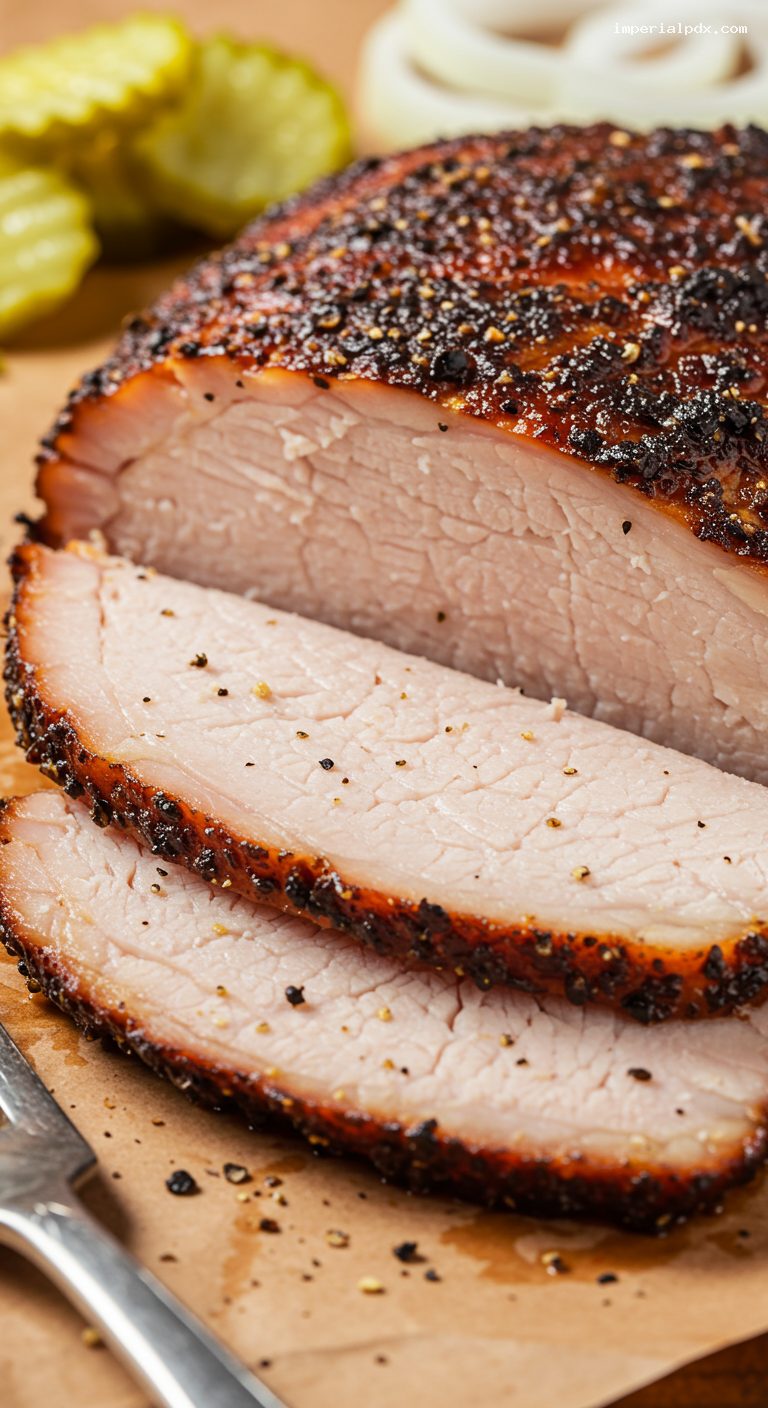 Central Texas Smoked Turkey Breast with Pickles and Onions – Closeup