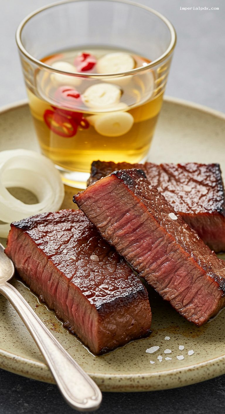 Charred Pipikaula with Sweet Onion and Chili Water – Closeup