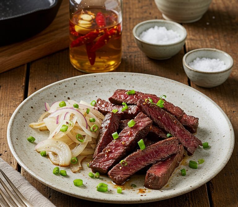 Charred Pipikaula with Sweet Onion and Chili Water