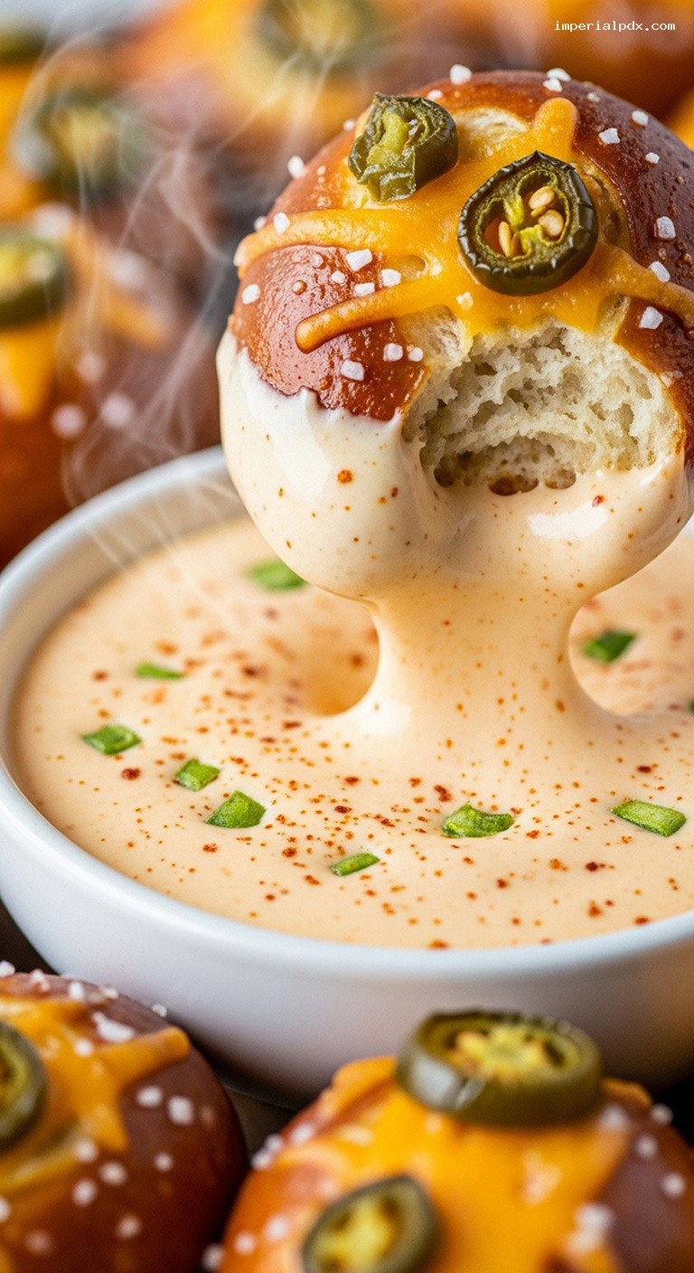 Cheddar Jalapeño Pretzel Bites with Spicy Queso – Closeup