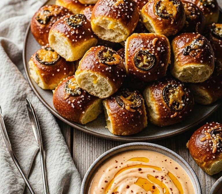 Cheddar Jalapeño Pretzel Bites with Spicy Queso