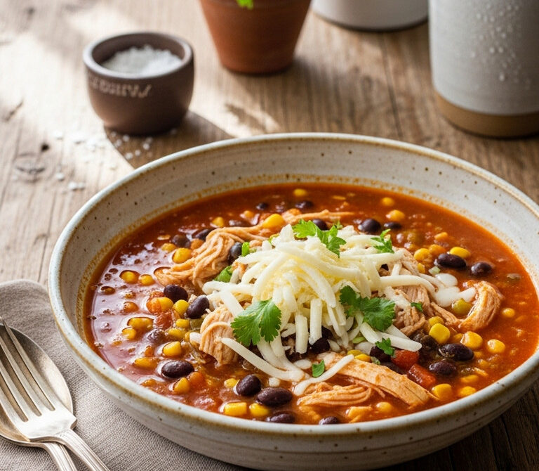 Cheesy Chicken Enchilada Soup (No Tortillas)