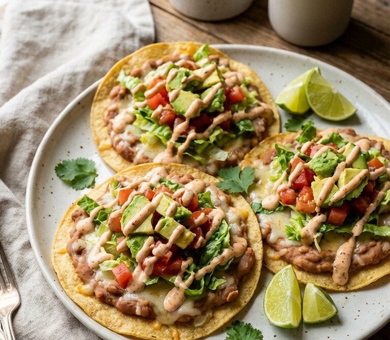 Cheesy Refried Bean Tostadas with Chipotle Crema
