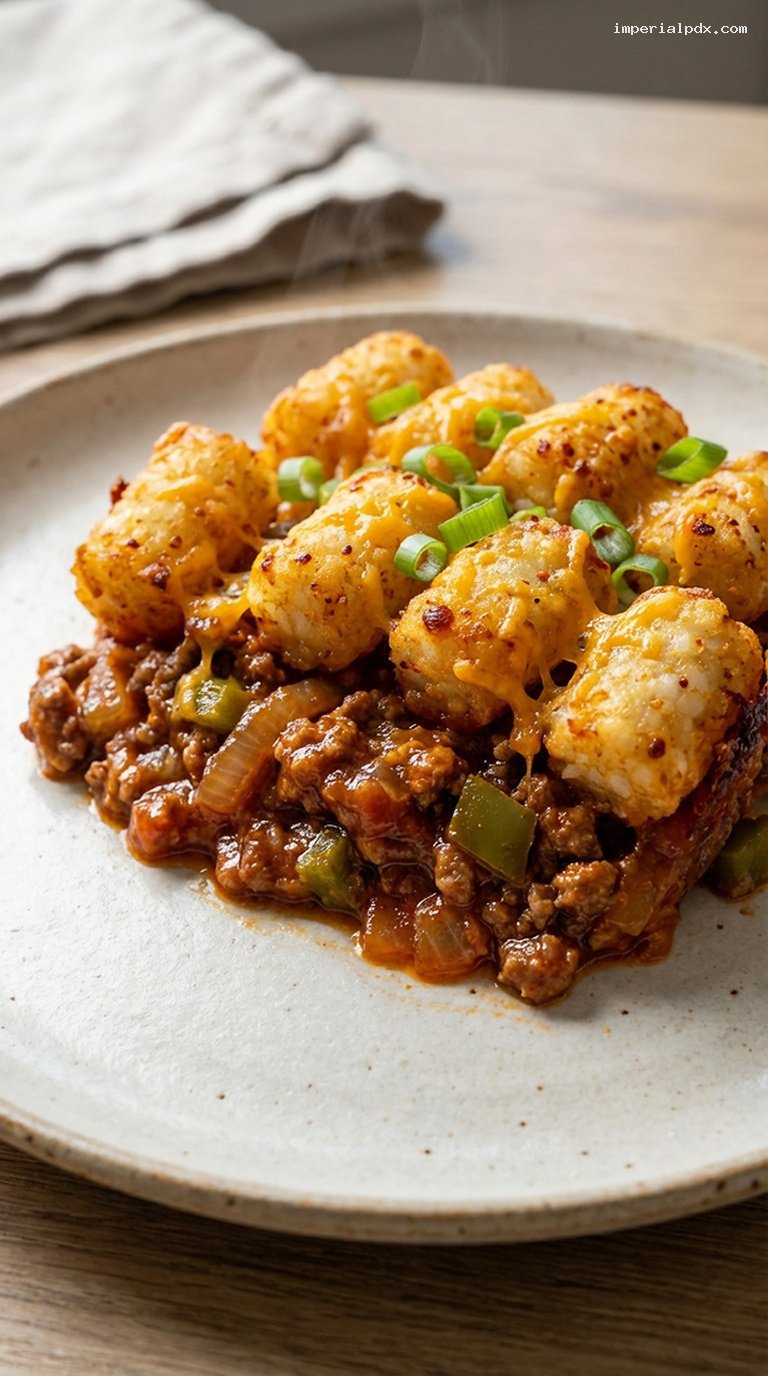 Cheesy Sloppy Joe Tater Tot Casserole – Closeup