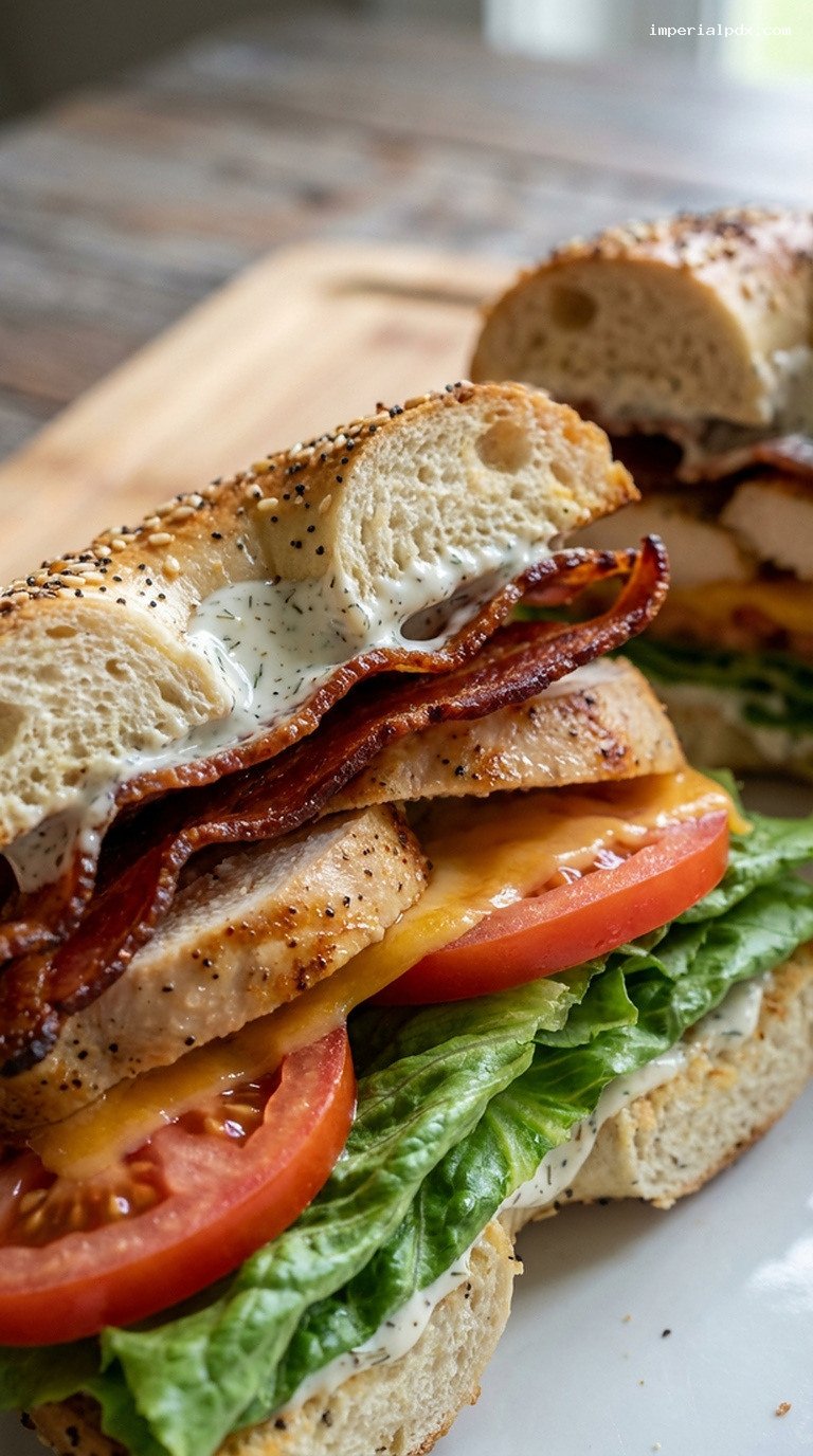 Chicken Bacon Ranch Club Bagel Sandwich – Closeup
