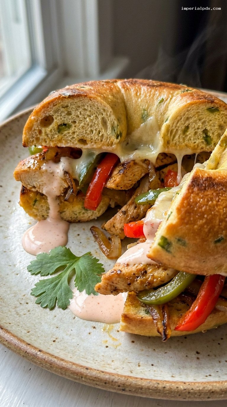 Chicken Fajita Bagel with Jalapeños and Salsa Crema – Closeup