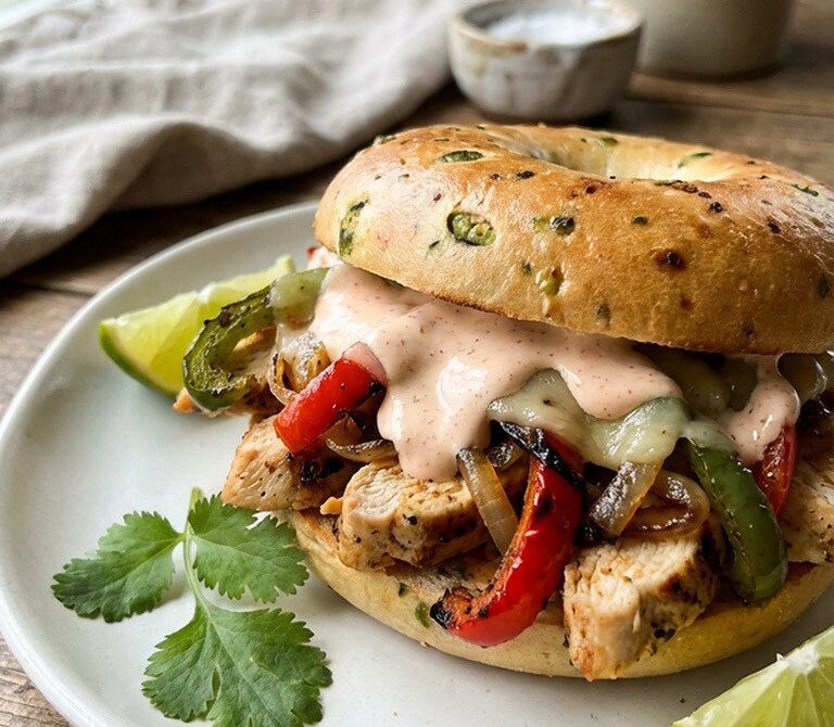 Chicken Fajita Bagel with Jalapeños and Salsa Crema