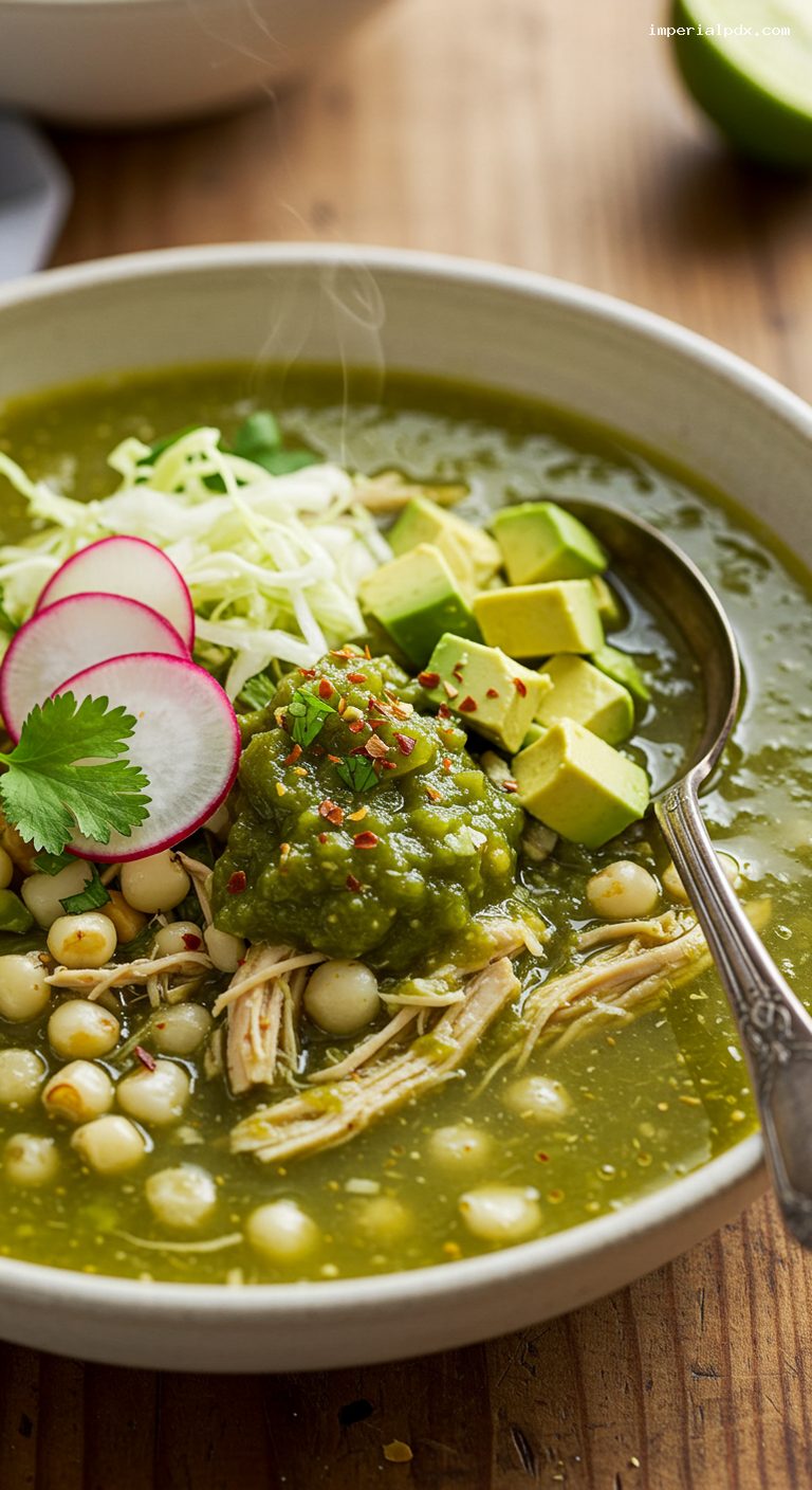 Chicken Pozole Verde with Hominy and Tomatillo – Closeup