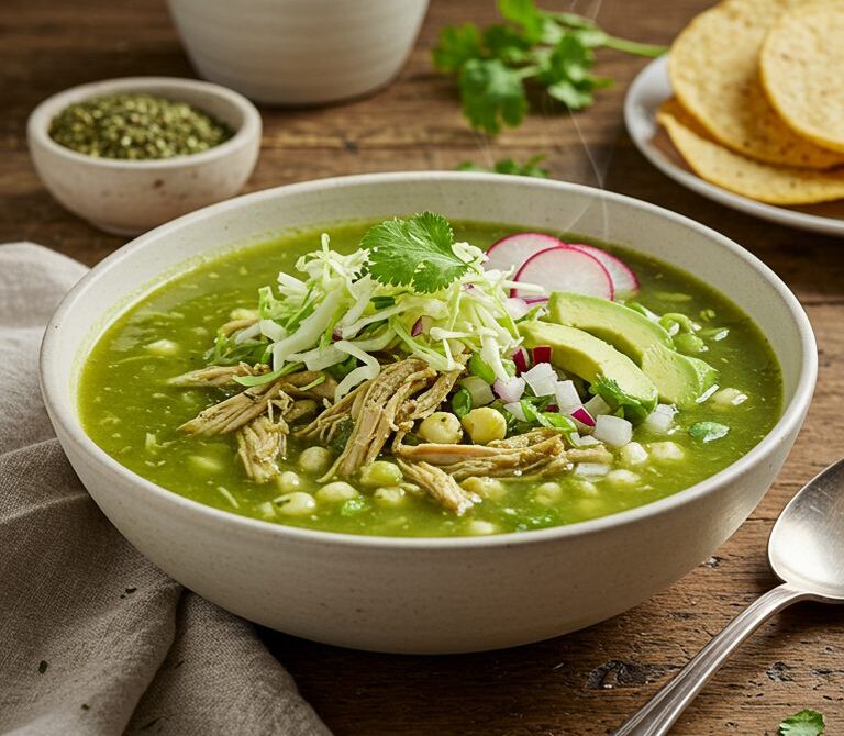 Chicken Pozole Verde with Hominy and Tomatillo