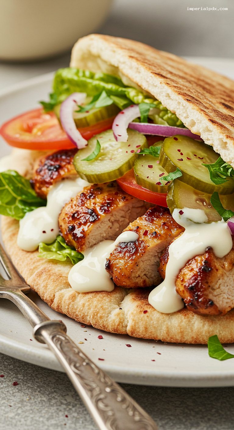 Chicken Shawarma Pitas with Garlicky Tahini Sauce – Closeup