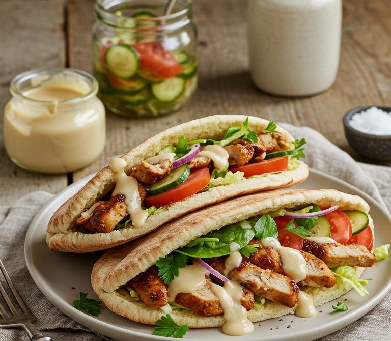 Chicken Shawarma Pitas with Garlicky Tahini Sauce