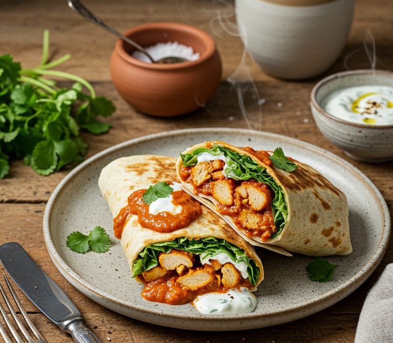 Chicken Tikka Masala Wrap with Raita and Lettuce