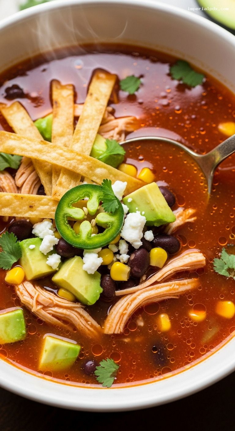 Chicken Tortilla Soup with Tomato-Chile Broth – Closeup