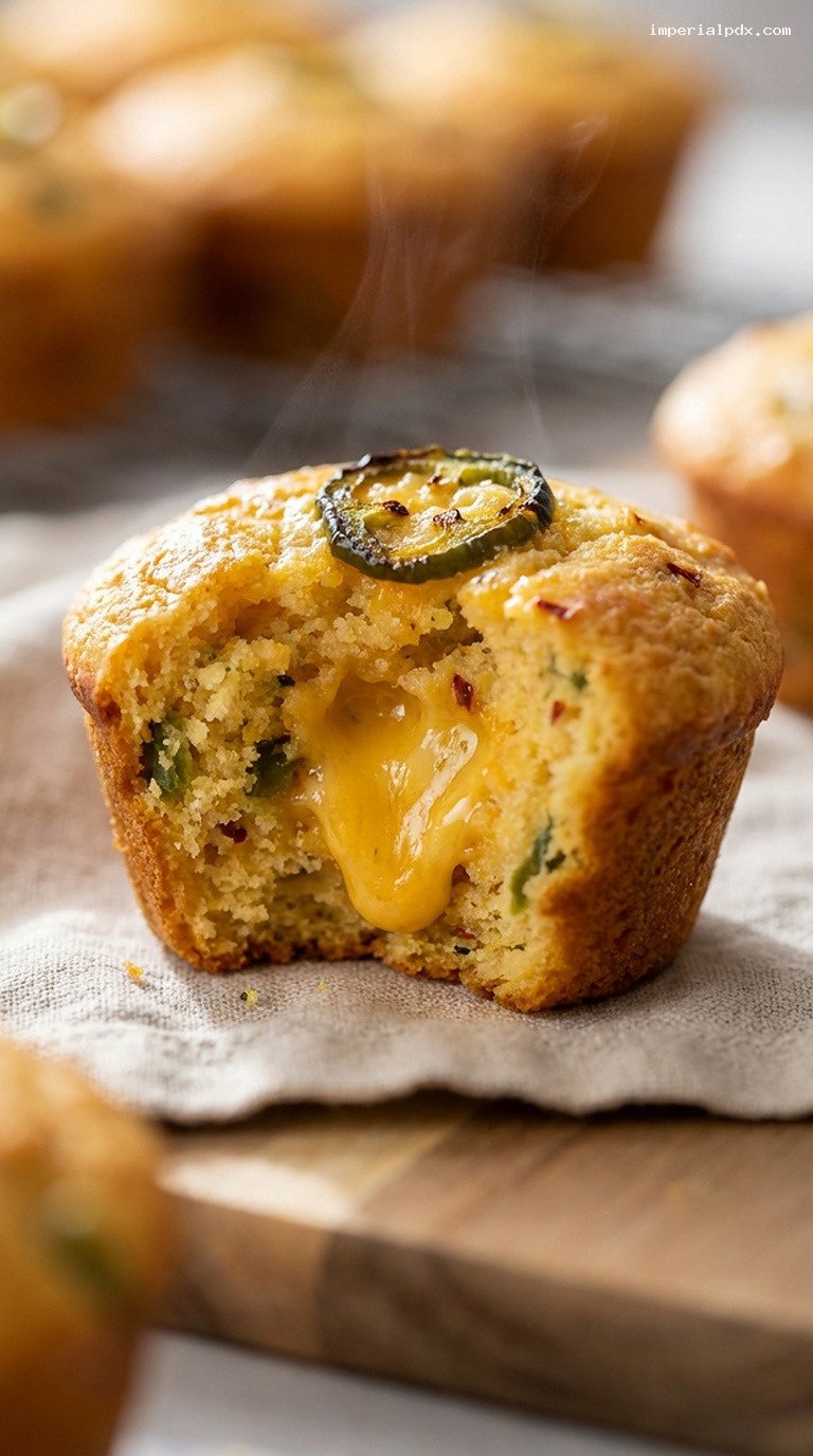 Chili Cheese Cornbread Muffins with Cheddar and Jalapeños – Closeup