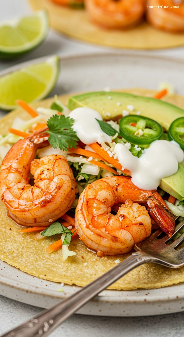 Chili-Lime Shrimp Tacos with Crunchy Slaw and Crema – Closeup