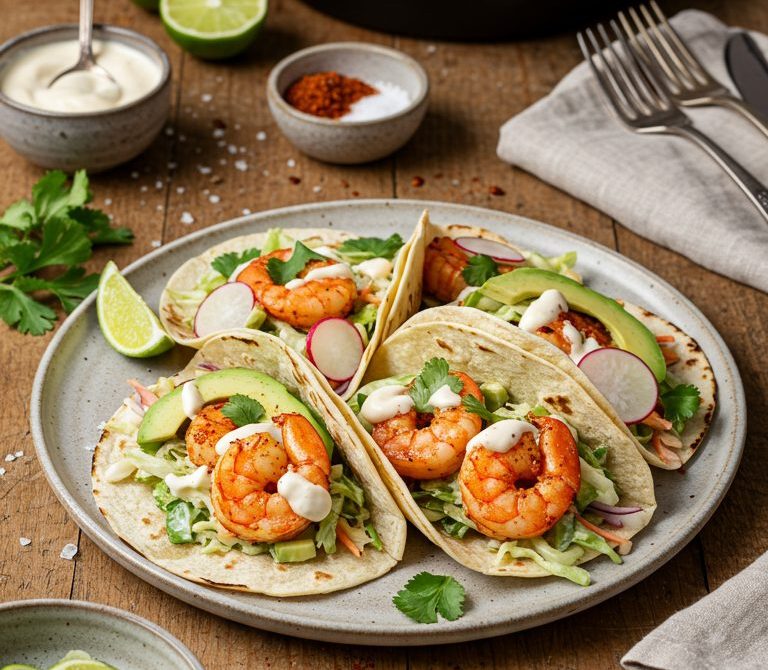 Chili-Lime Shrimp Tacos with Crunchy Slaw and Crema