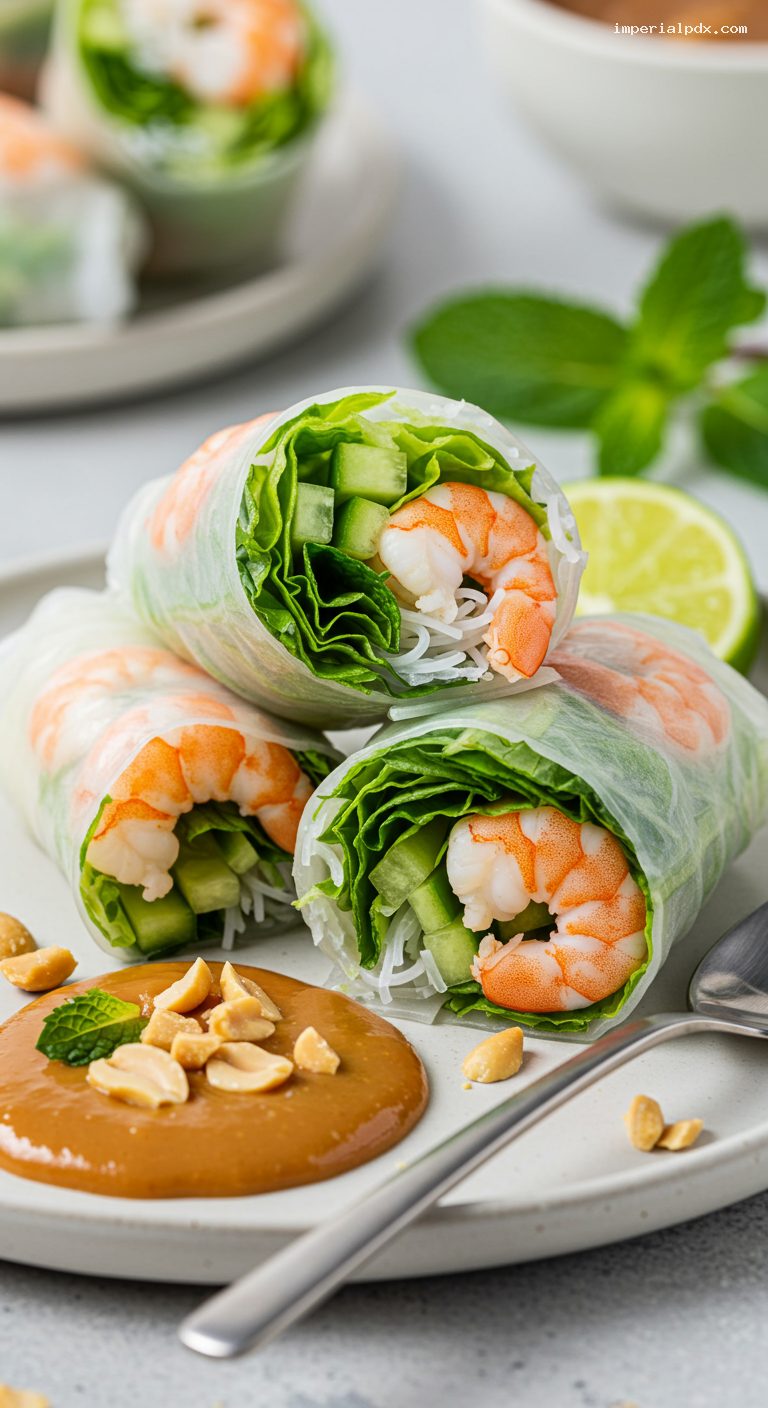 Chilled Shrimp Rice Paper Rolls with Peanut-Hoisin Sauce – Closeup