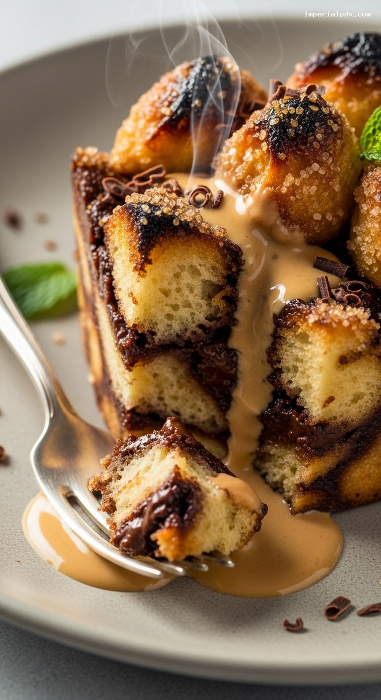 Chocolate Brioche Bread Pudding with Espresso Sauce – Closeup
