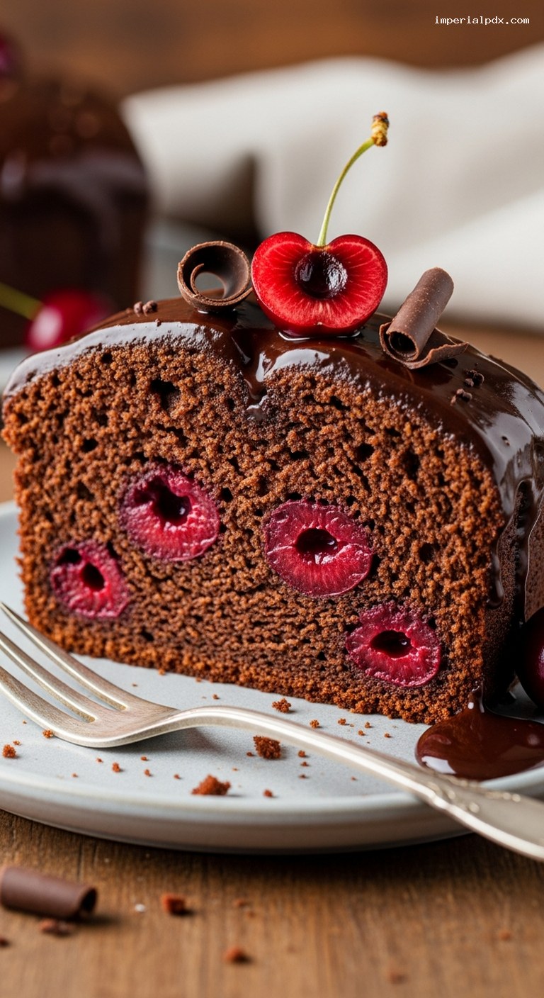 Chocolate-Cherry Loaf Cake with Ganache Glaze – Closeup