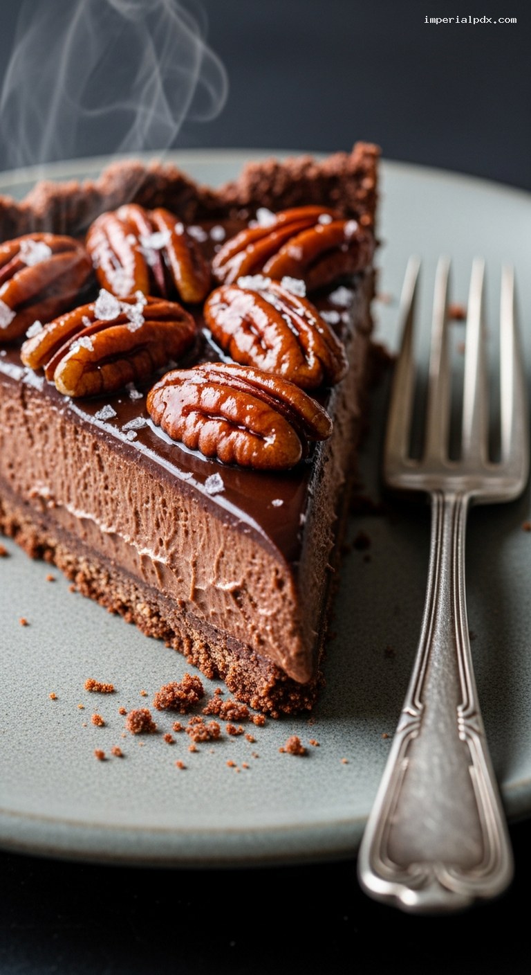 Chocolate-Pecan Tart with Glossy Molten Custard – Closeup