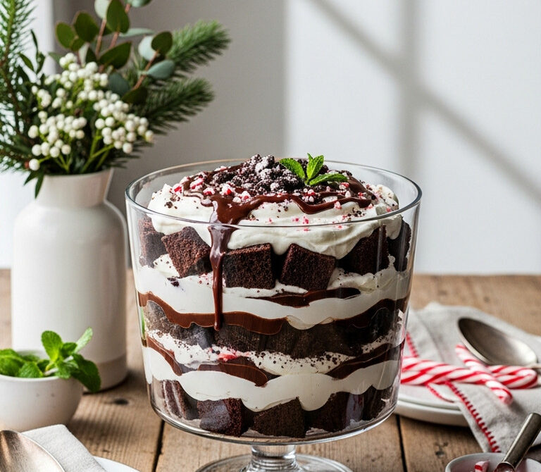 Chocolate Peppermint Trifle with Hot Fudge Ribbons