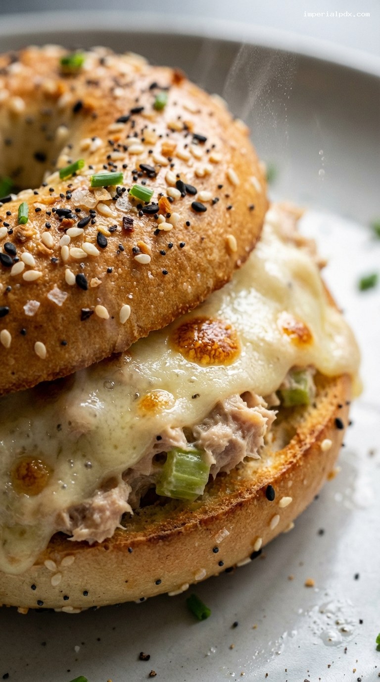 Chunky Tuna Melt on Everything Bagels – Closeup