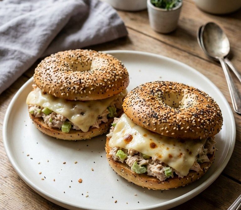 Chunky Tuna Melt on Everything Bagels