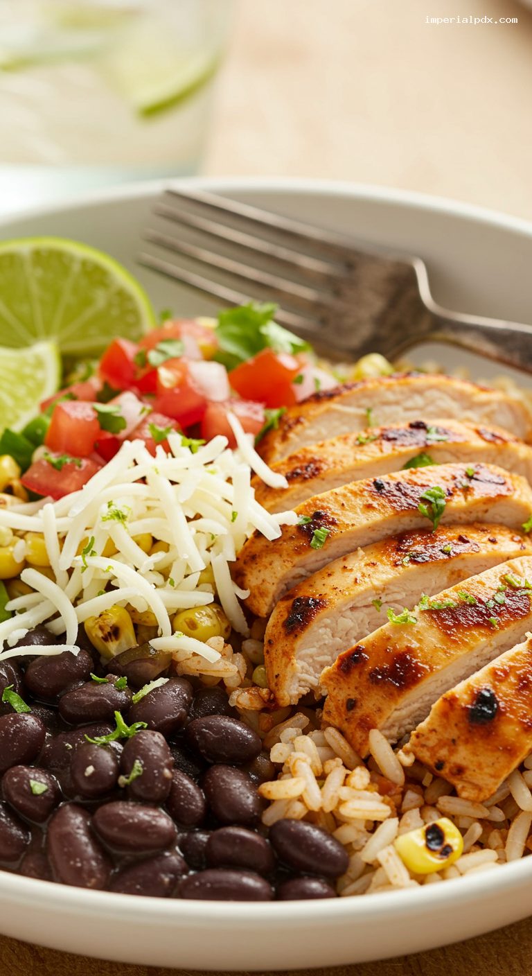 Cilantro-Lime Burrito Bowl with Chicken or Steak – Closeup