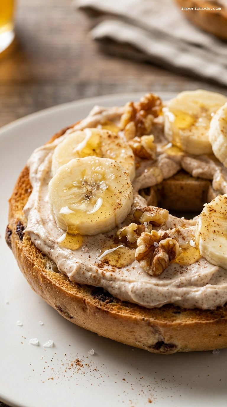 Cinnamon Cream Cheese Banana Bagel with Honey Walnuts – Closeup