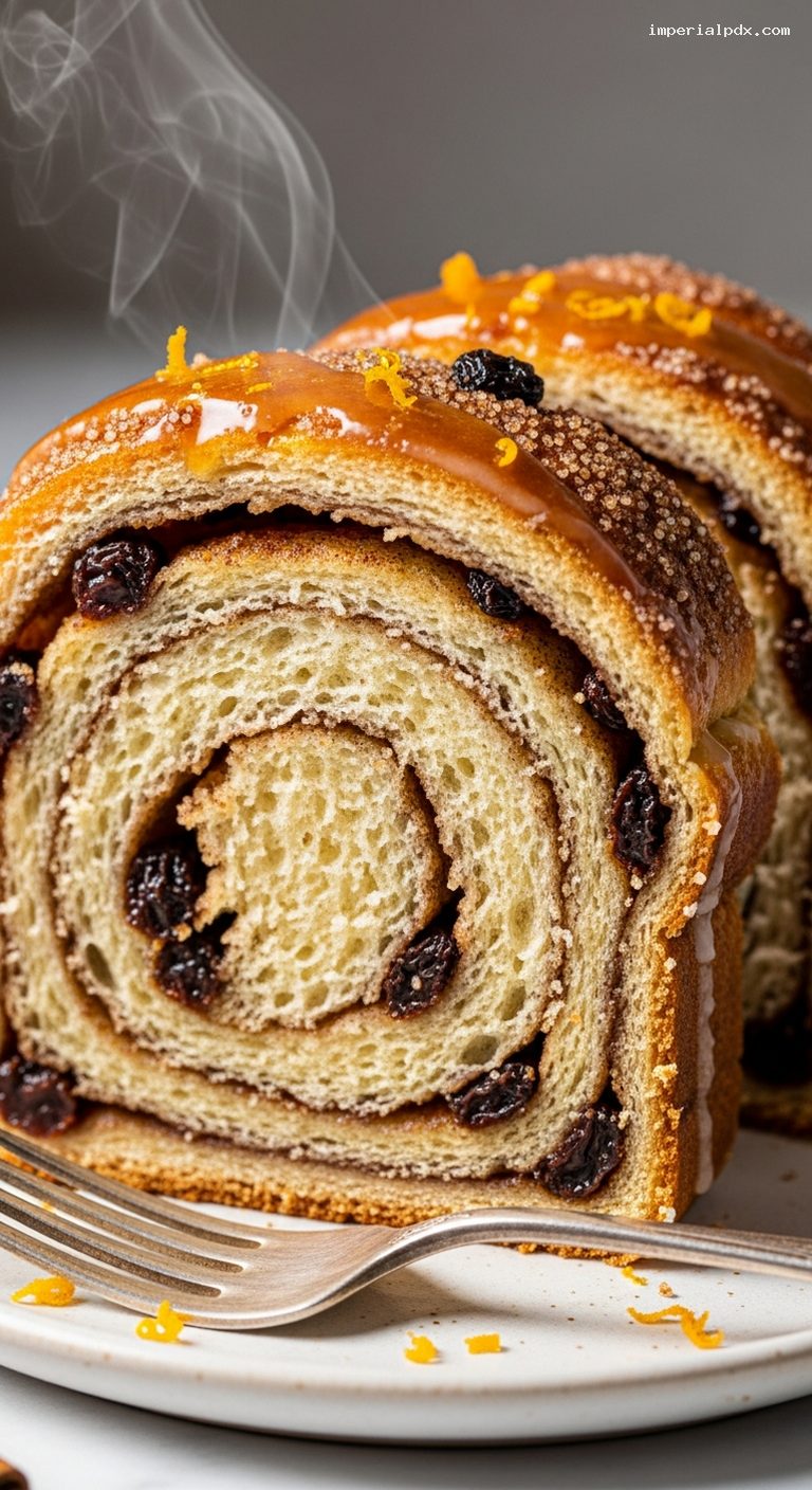 Cinnamon Raisin Swirl Loaf with Orange-Vanilla Glaze – Closeup