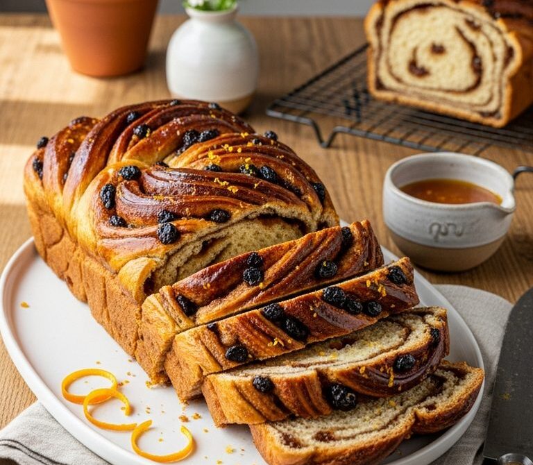 Cinnamon Raisin Swirl Loaf with Orange-Vanilla Glaze