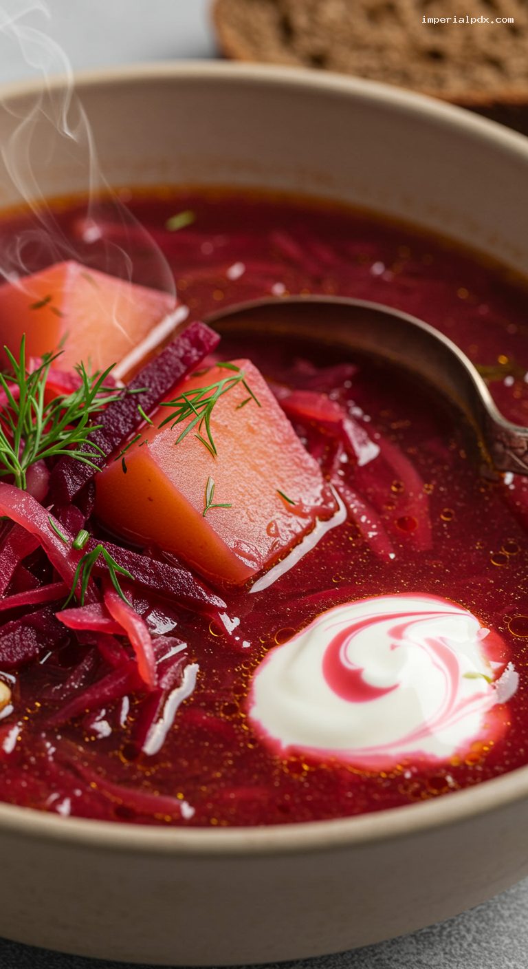 Classic Borscht with Dill and Sour Cream – Closeup