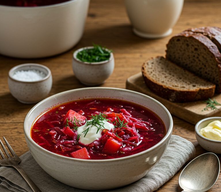 Classic Borscht with Dill and Sour Cream