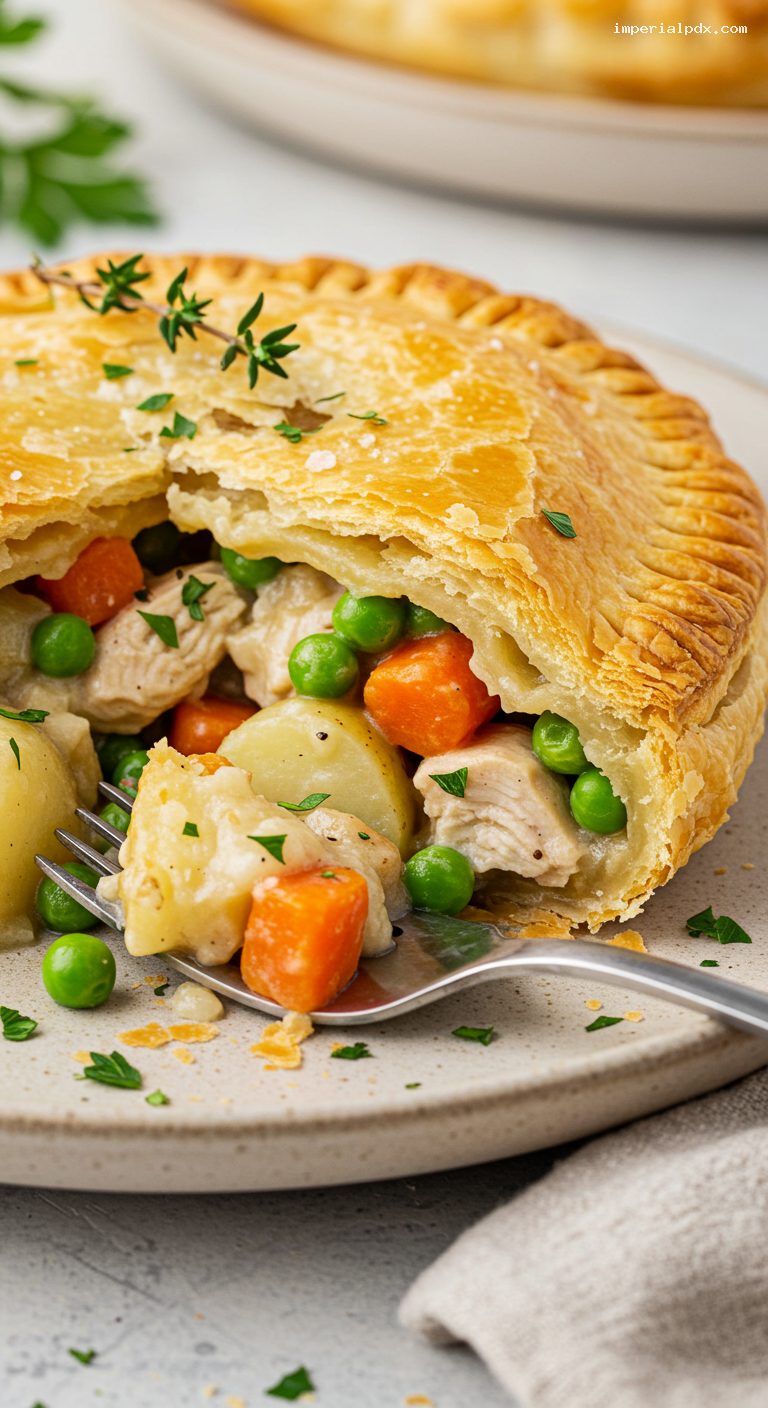 Classic Chicken Pot Pie with Flaky Pastry Lid – Closeup
