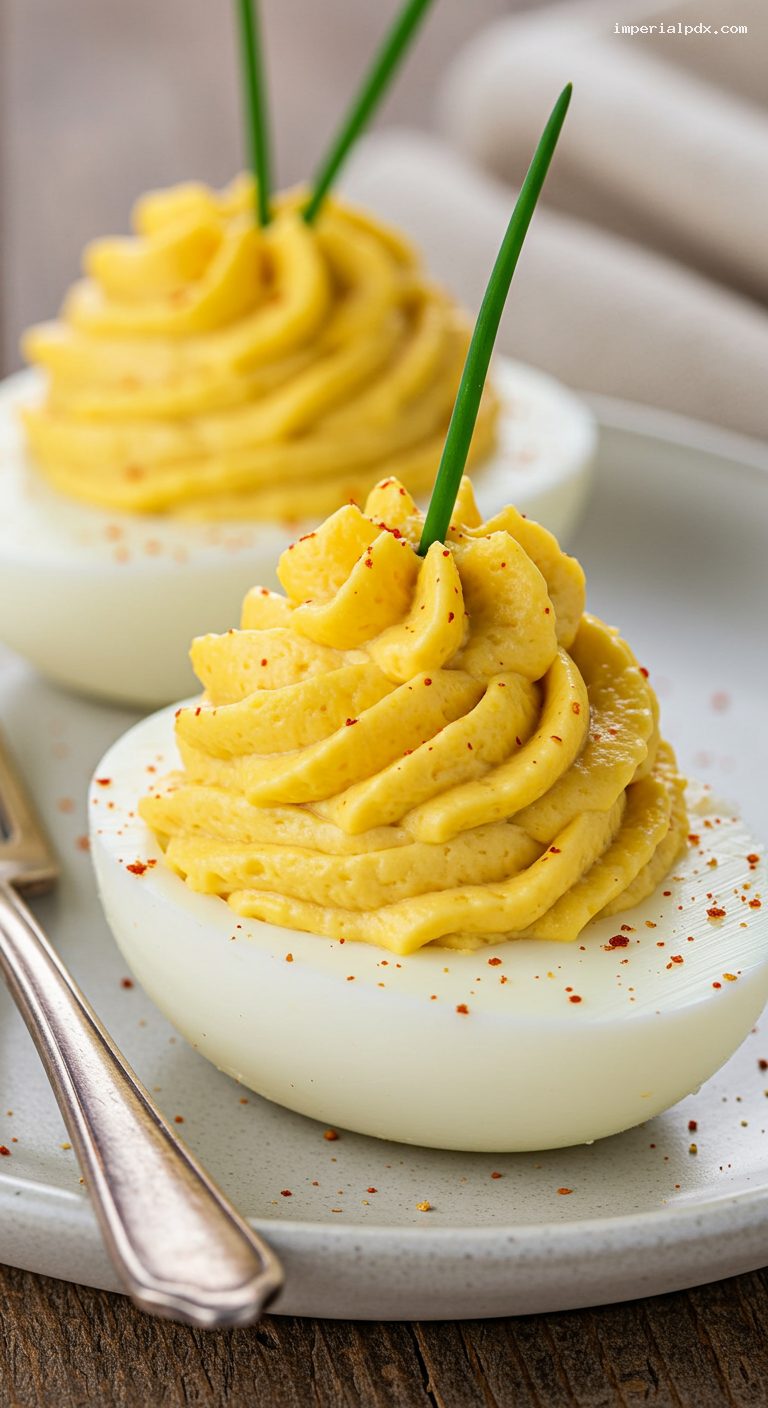 Classic Deviled Eggs with Smoked Paprika and Chives – Closeup