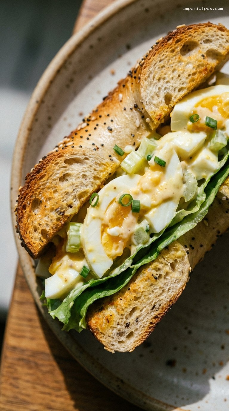 Classic Egg Salad Bagel Sandwich With Crisp Lettuce – Closeup